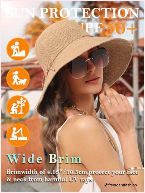 Straw Bucket Sun Hat Wide Brim Packable UV Protection UPF 50+ Travel Beach